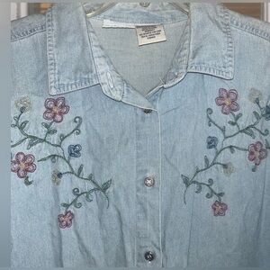 Vintage 80s Embroidered Denim Button Down Collar Cotton Blouse Floral Size XL